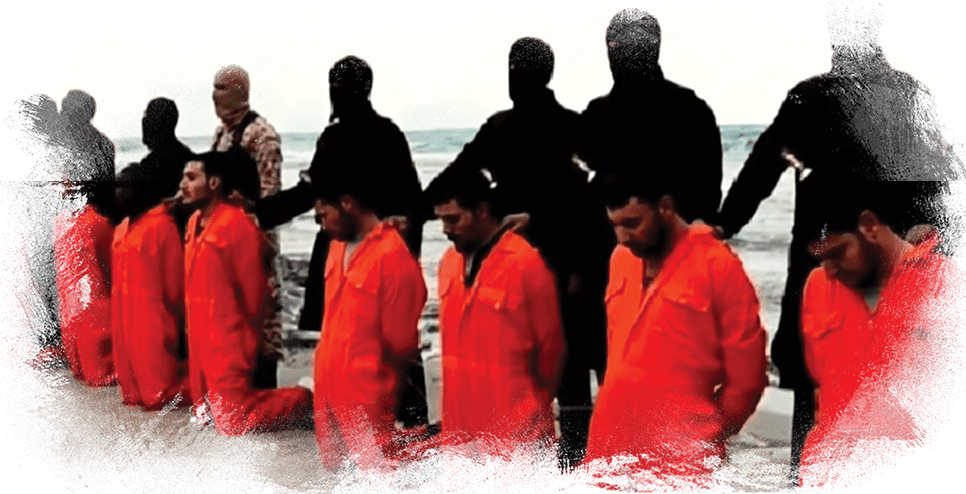 Martyrs in orange jumpsuits kneeling on beach